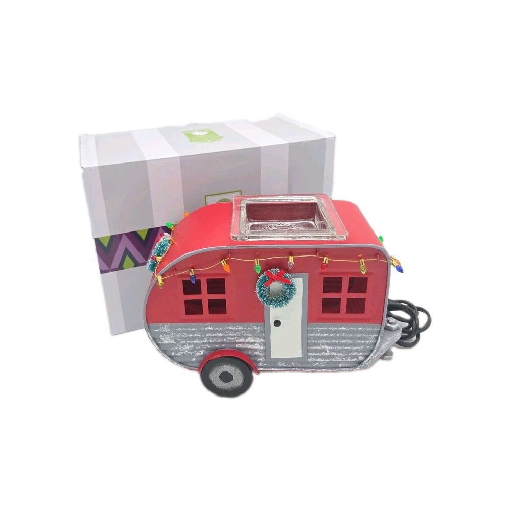 Scentsy Christmas Camper Wax Warmer Red Silver Metal Camping RV Retired w/ Box